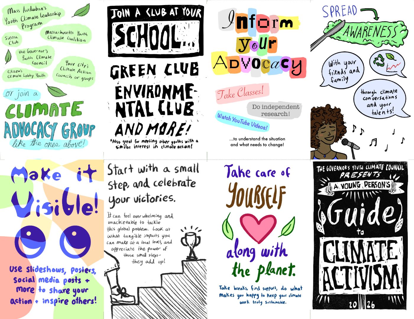 All eight panels of the Youth Climate Council's zine, A Young Person's Guide to Climate Activism